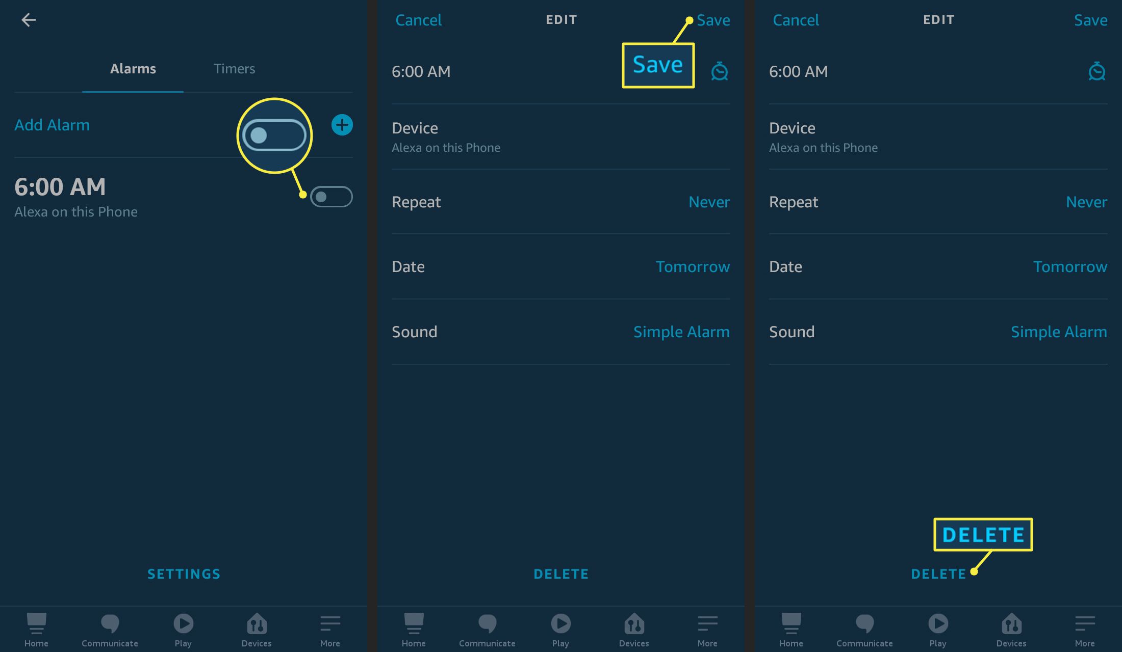 Alarm wisselen, opslaan en verwijderen in de Alexa-app