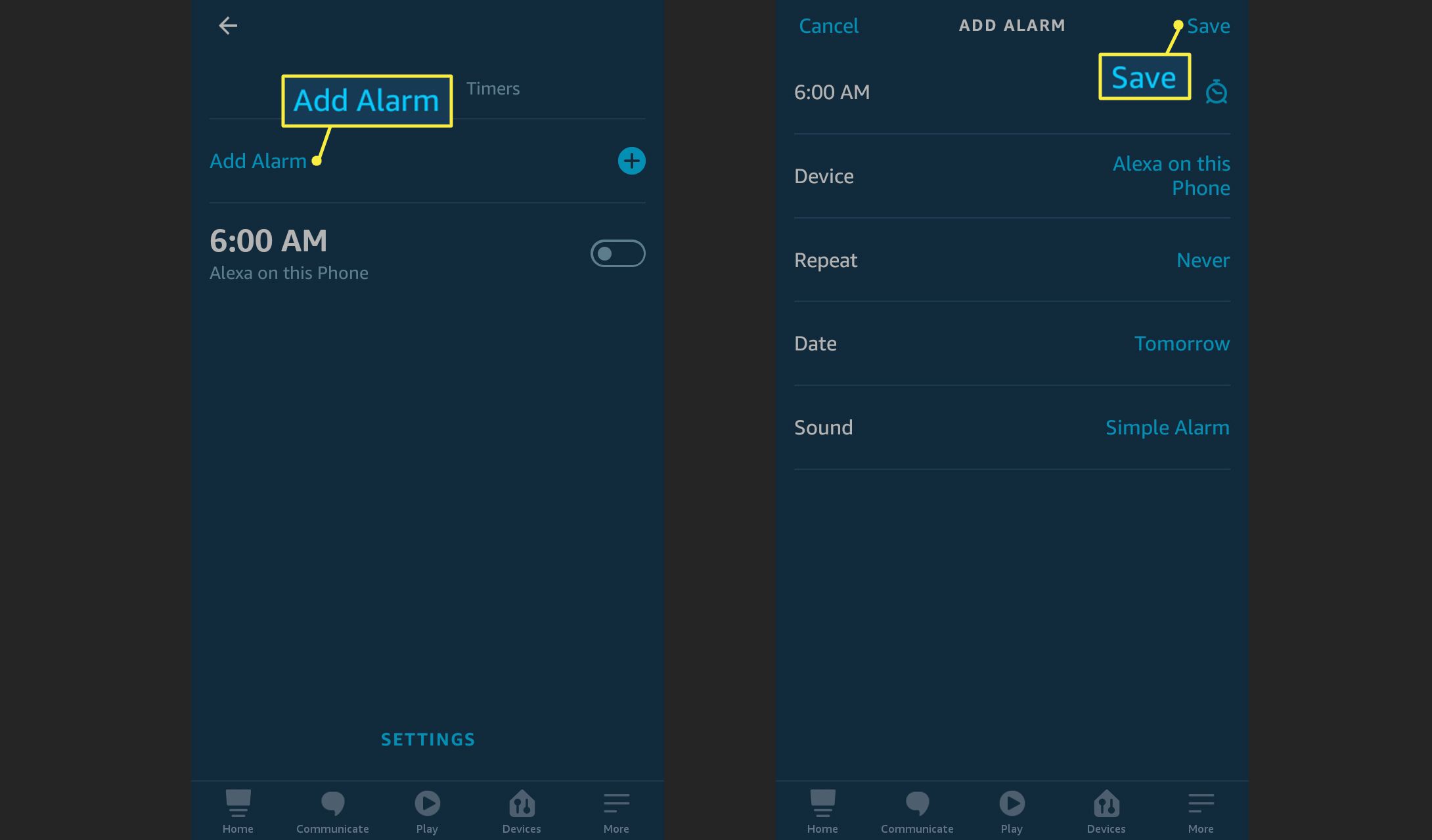 Alarm toevoegen en opslaan in de Alexa-app