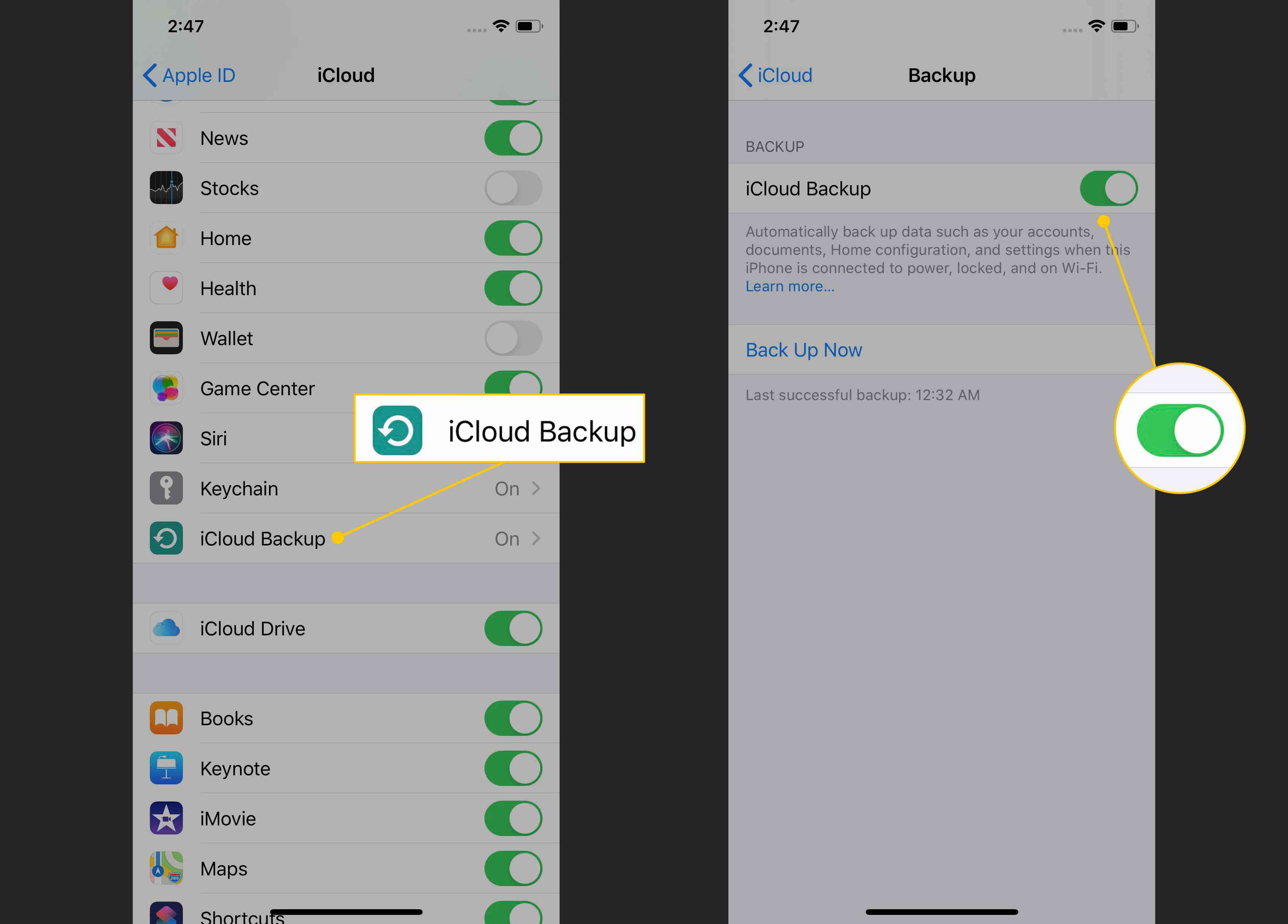 iCloud-back-up, schakel naar groen op iOS