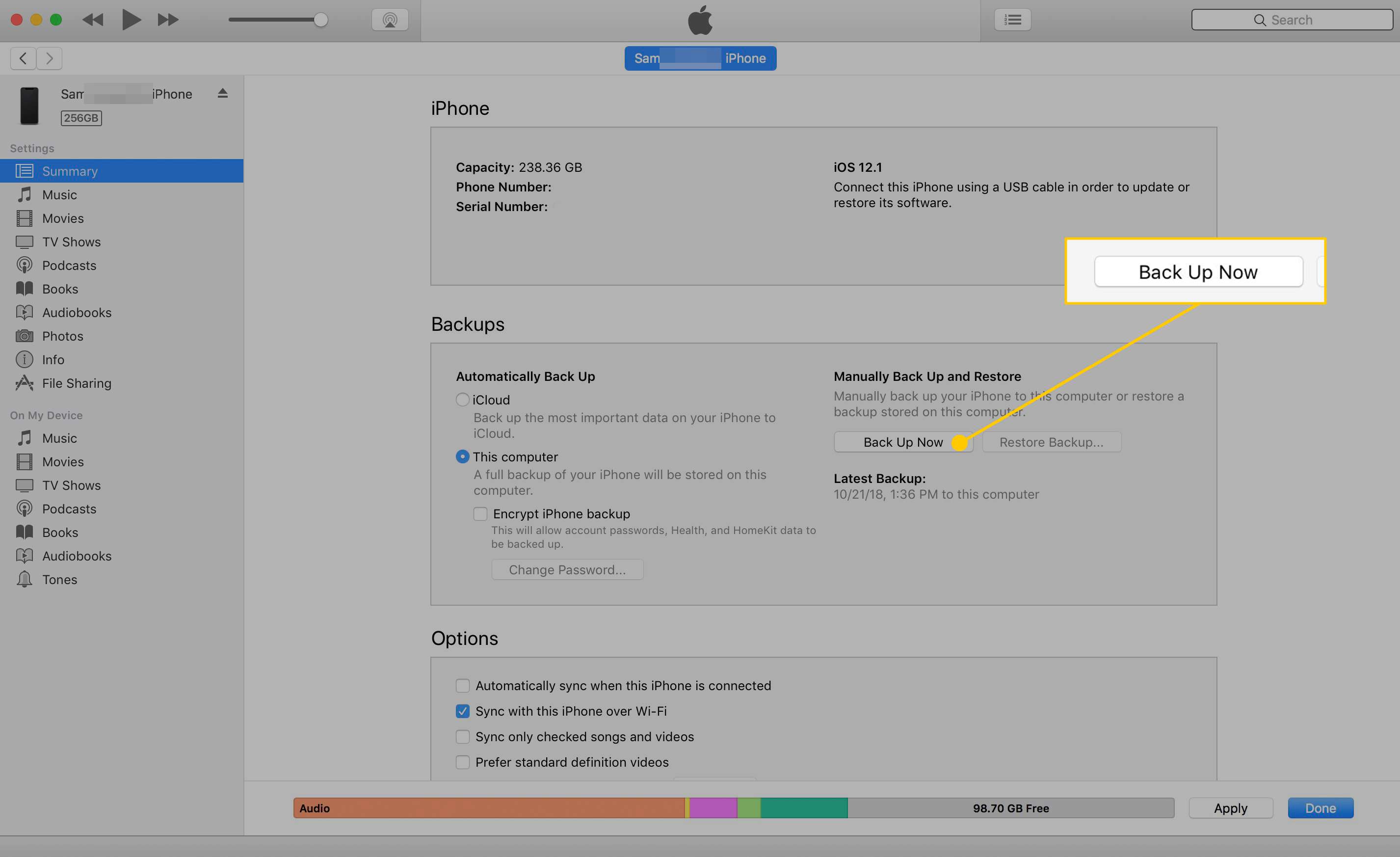 Knop Nu een back-up maken in iTunes voor macOS Mojave en eerder