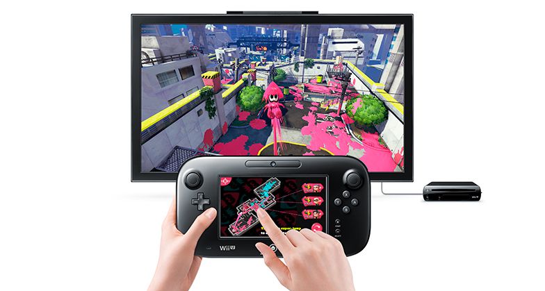 Een scherm van Nintendo's Wii U-spel Splatoon met controller in handen