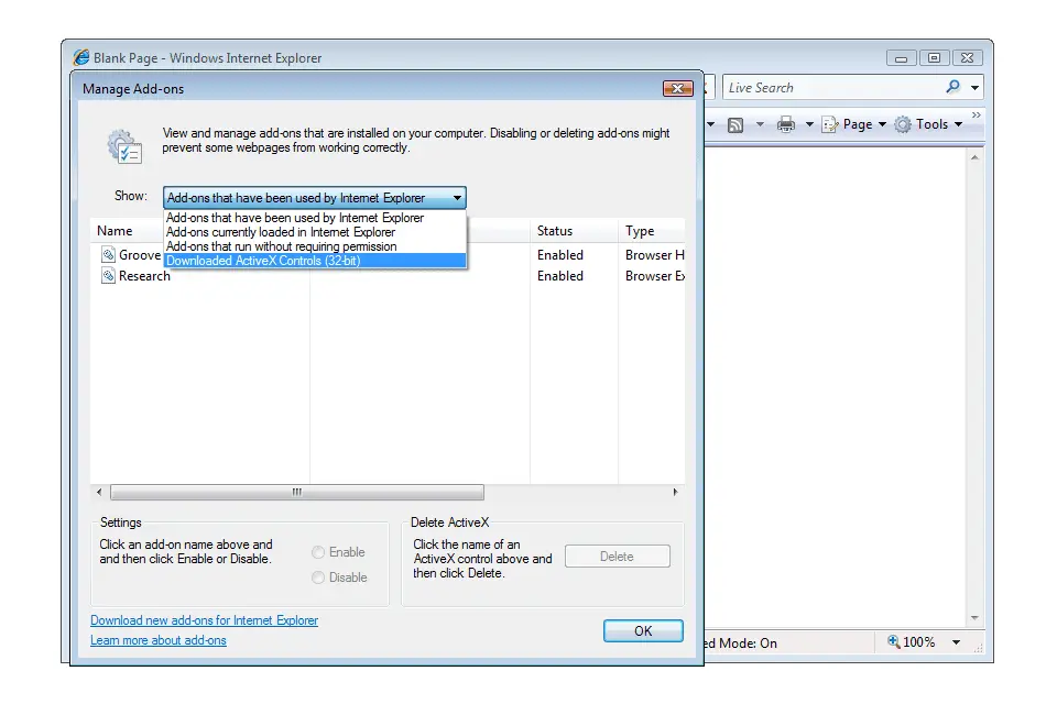 Menu-item Activex-besturingselementen gedownload in Internet Explorer