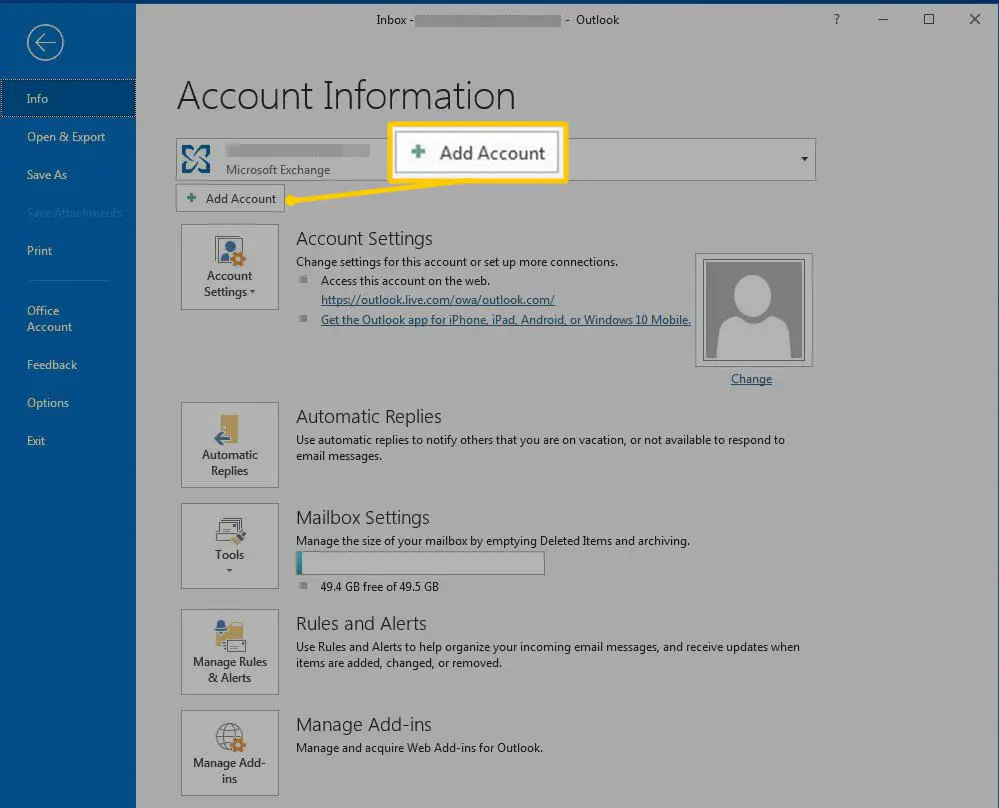 Knop Account toevoegen in het infopaneel van accountgegevens
