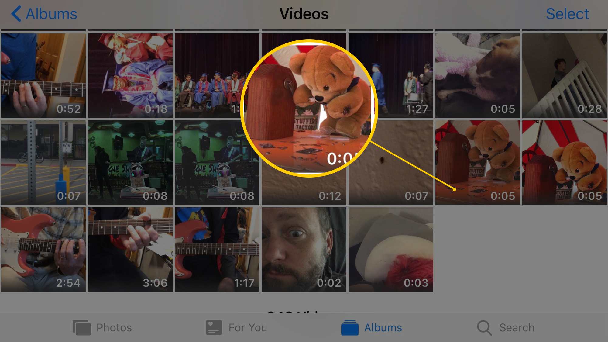 Schermafbeelding van de Foto's-app op iOS 12 iPhone 8 Plus met een video die wordt gekozen om te bewerken