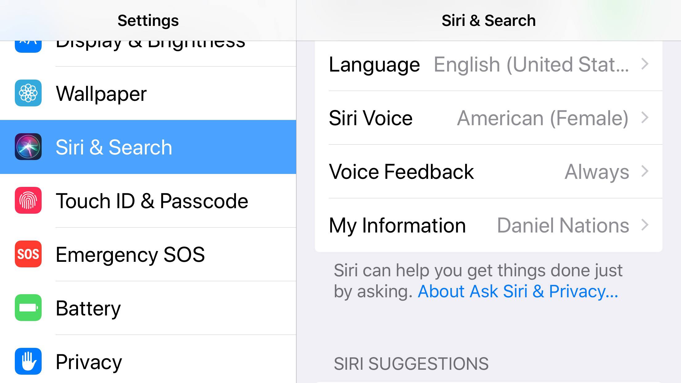 Een screenshot van de iPhone-taalinstellingen voor Siri