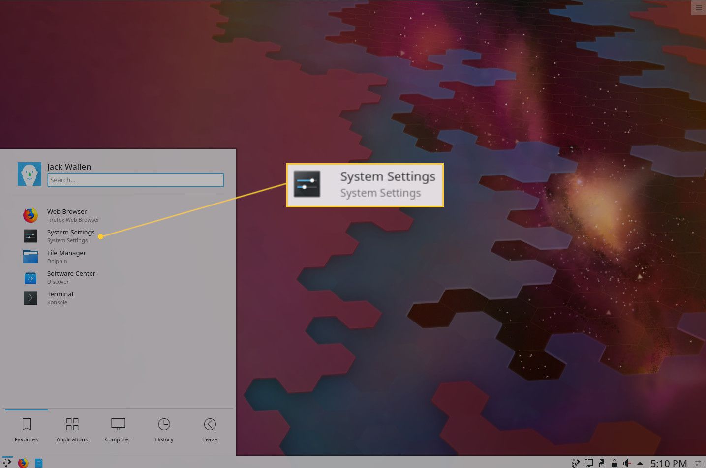Screenshot van het KDE Plasma-menu.
