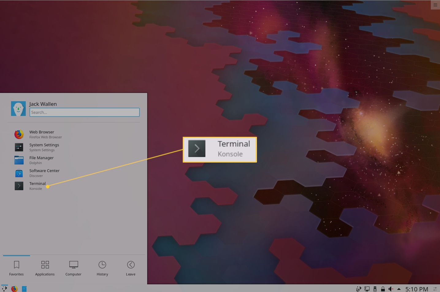 Screenshot van het Terminal-item in het KDE Plasma-menu.