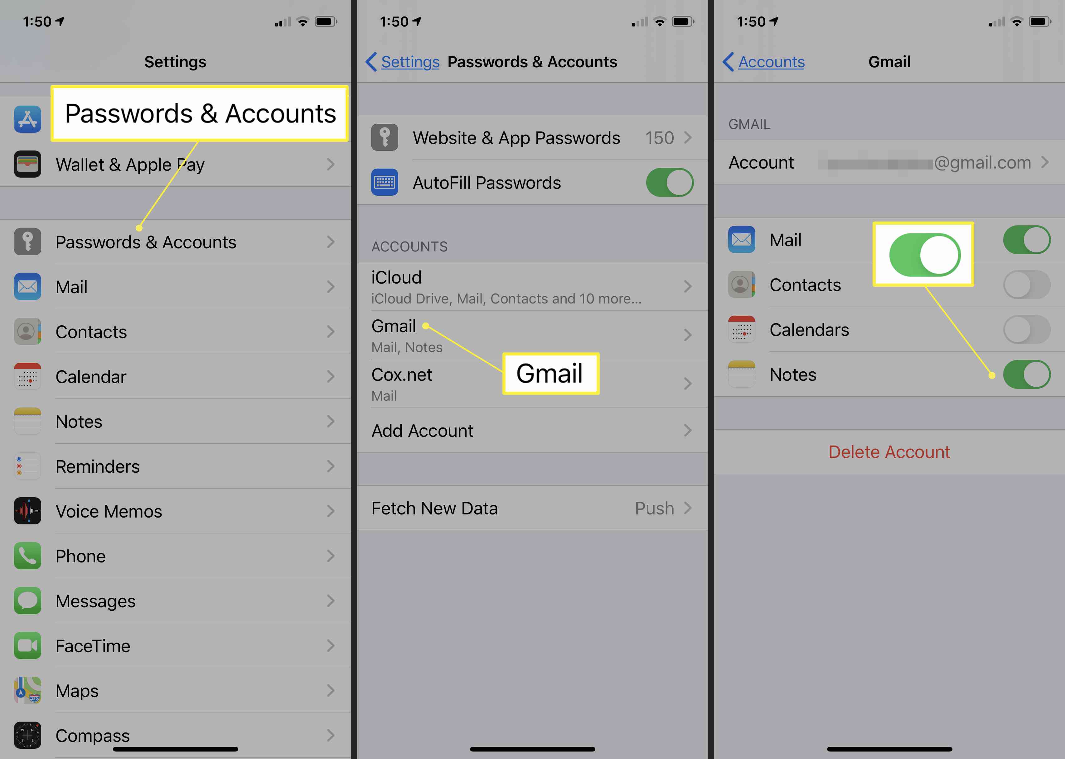 E-mailaccountinstellingen controleren op verwijderde Notes op iPhone
