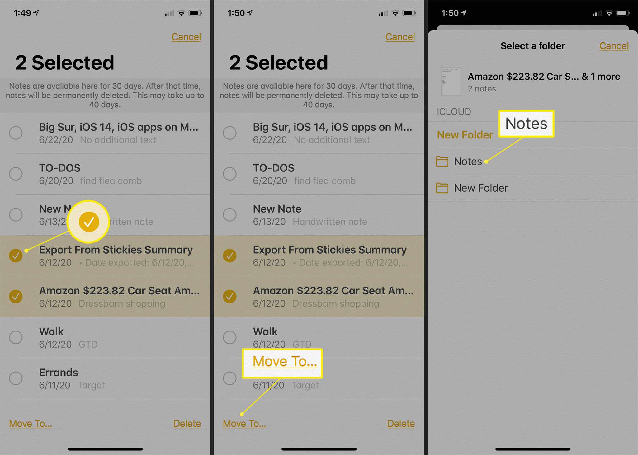 Een selectie van verwijderde notities in de Notes-app op iPhone