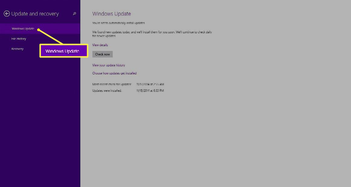 Windows Update in menu