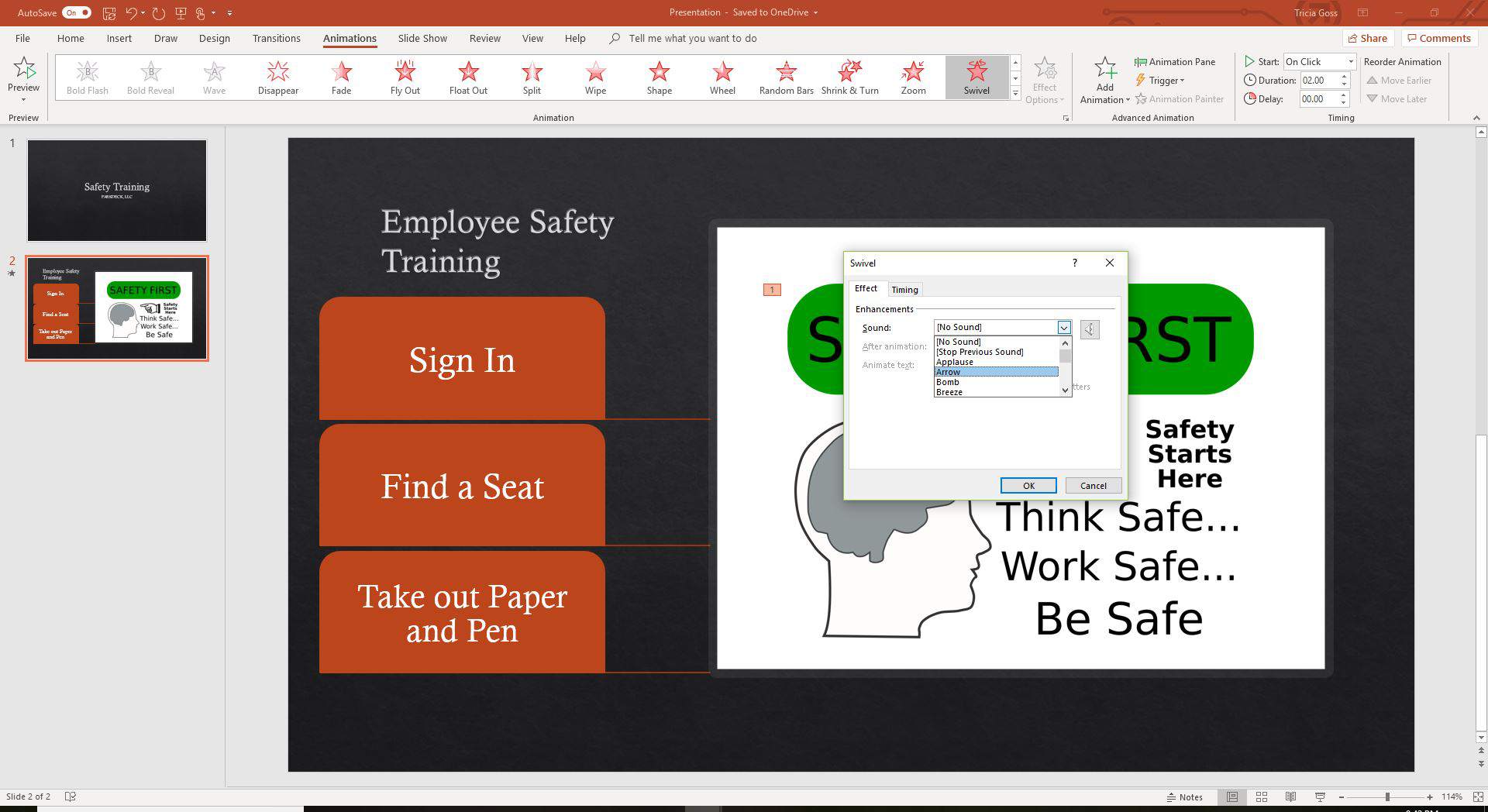 Een screenshot met de animatie-effecten in PowerPoint.