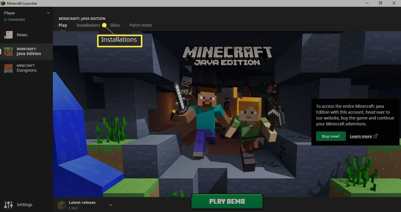 Open de Minecraft Launcher en selecteer Installaties.