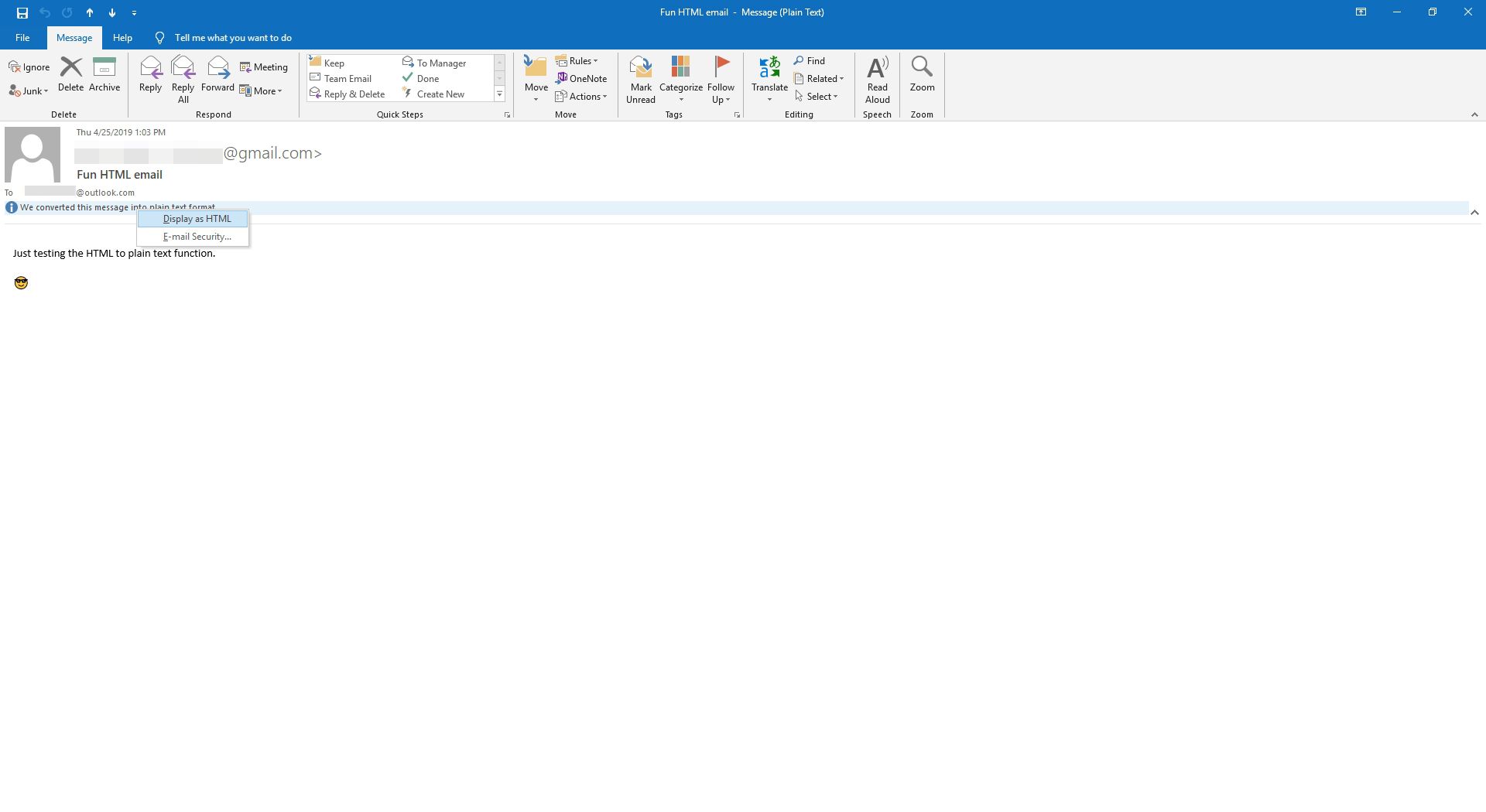 Een e-mail bekijken als HTML in Outlook.
