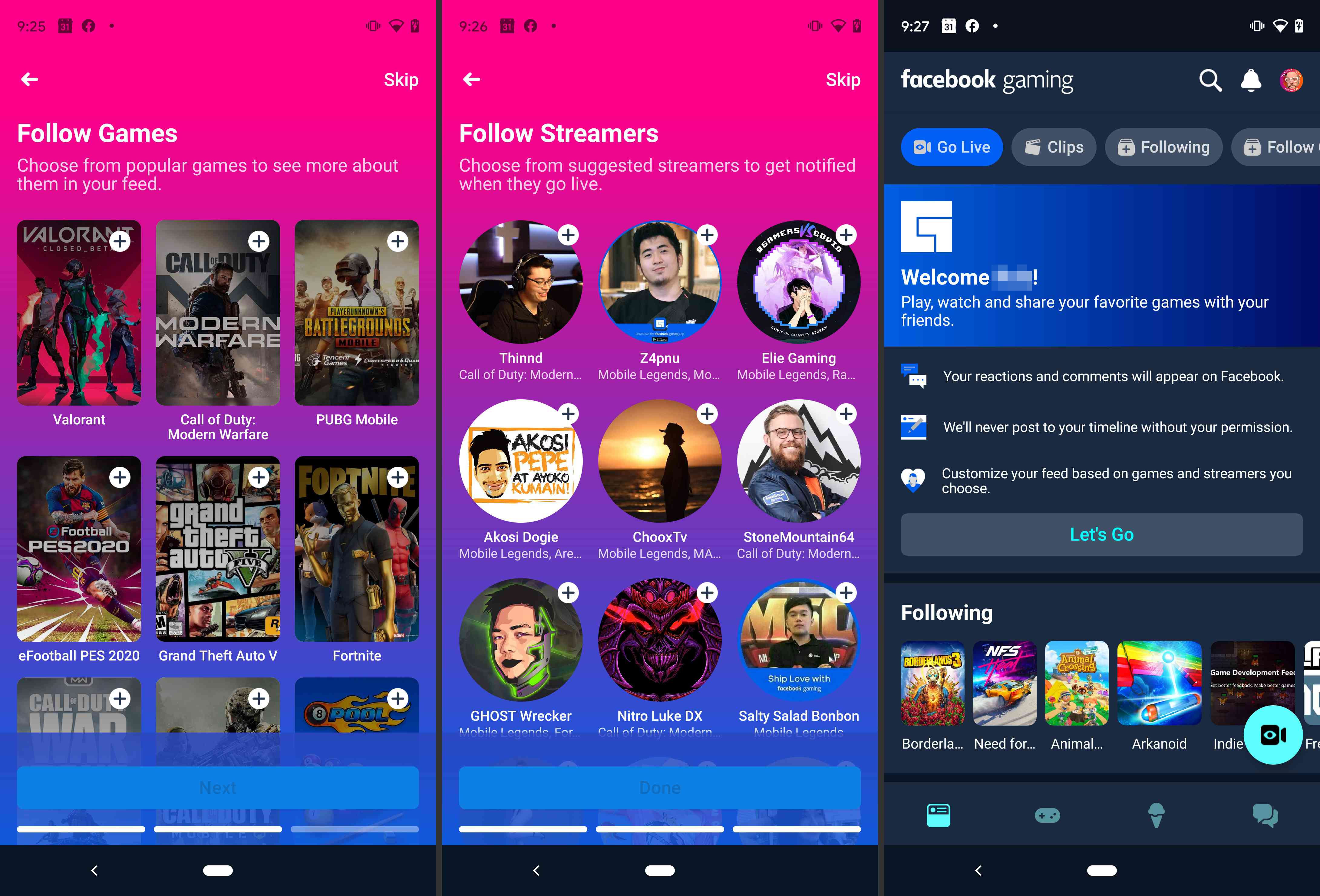 Volg Games, Volg Streamers, Hoofdpagina van de FB Gaming-app