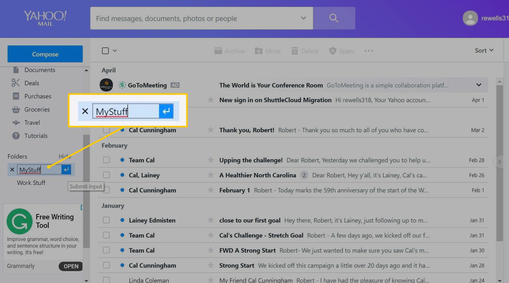 Hernoem veld in Yahoo Mail Folders sectie