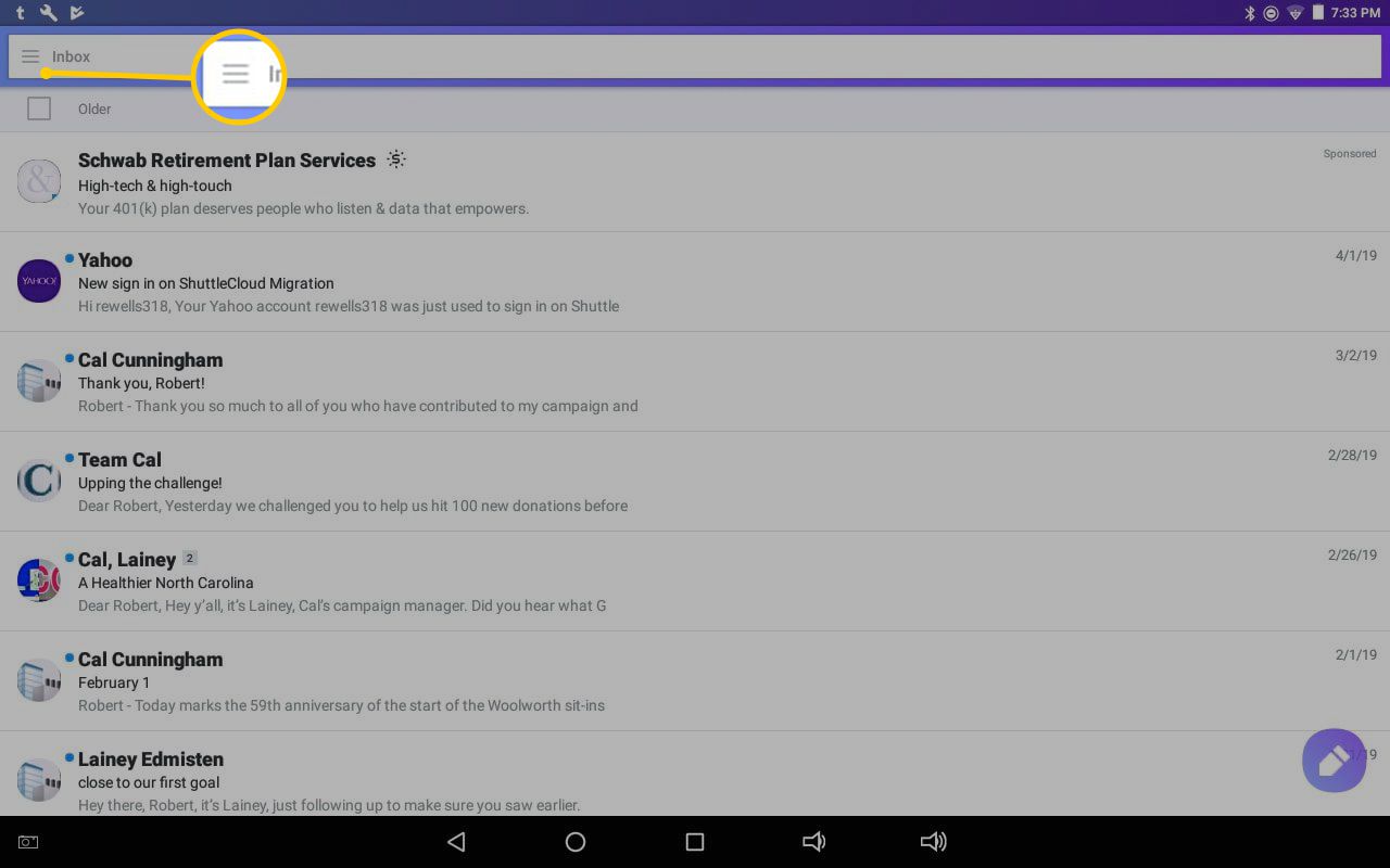 Hamburger-knop in Yahoo Mail Android-app