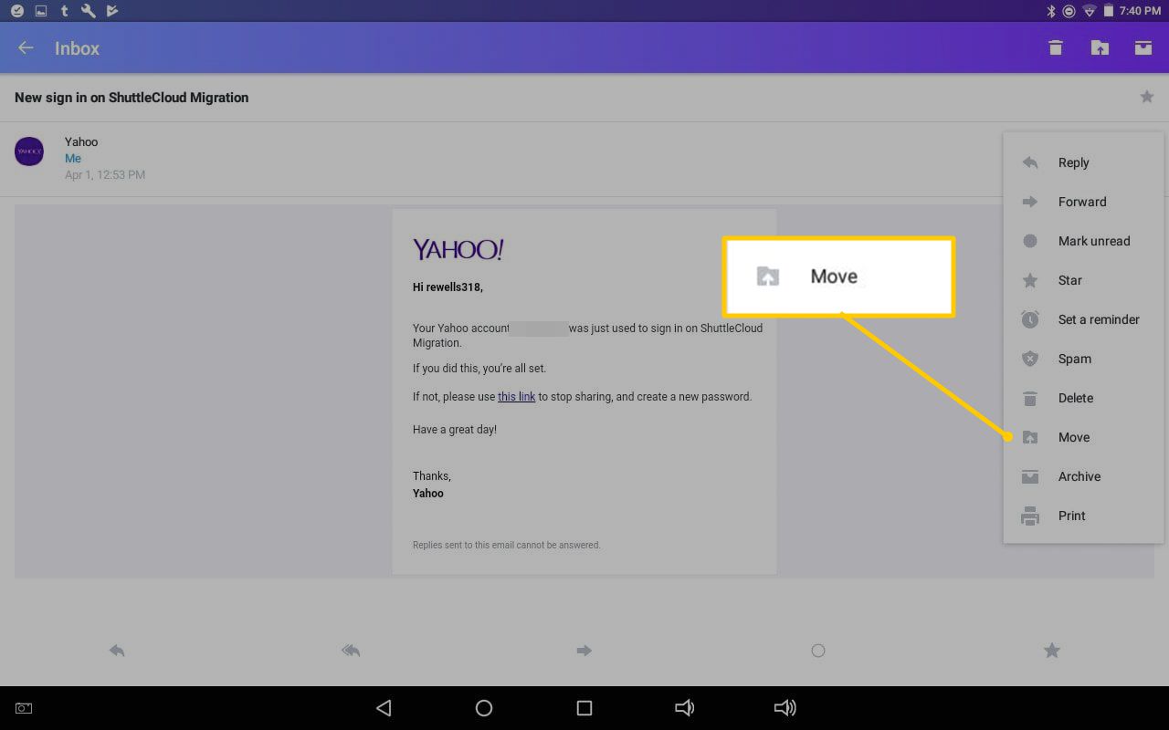Menu-item verplaatsen in Yahoo Mail voor Android
