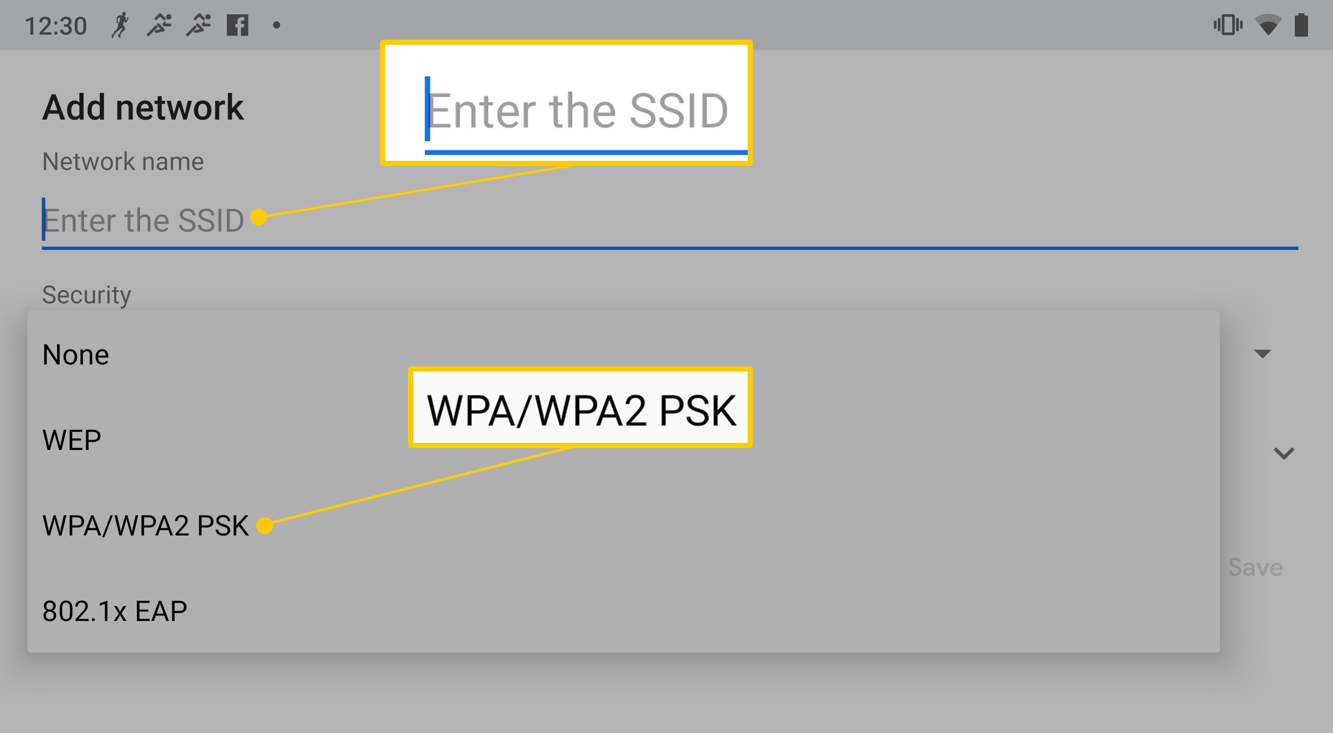 Voer het SSID-veld in, plus de WPA/WPA2 PSK-beveiligingsoptie voor Wi-Fi op Android