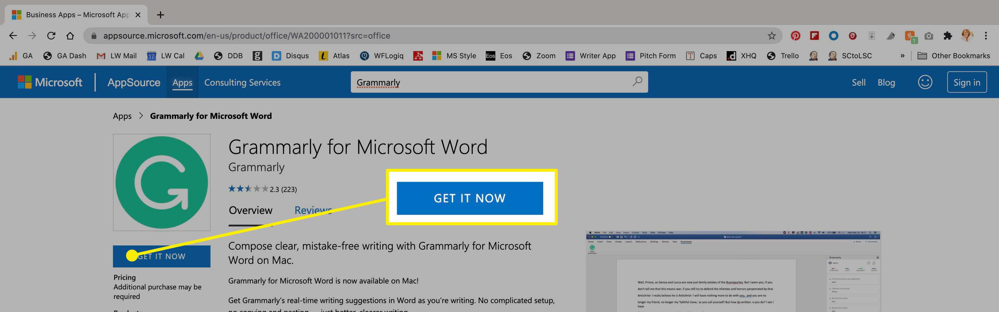 De Grammarly-app in de Microsoft Store op Mac.