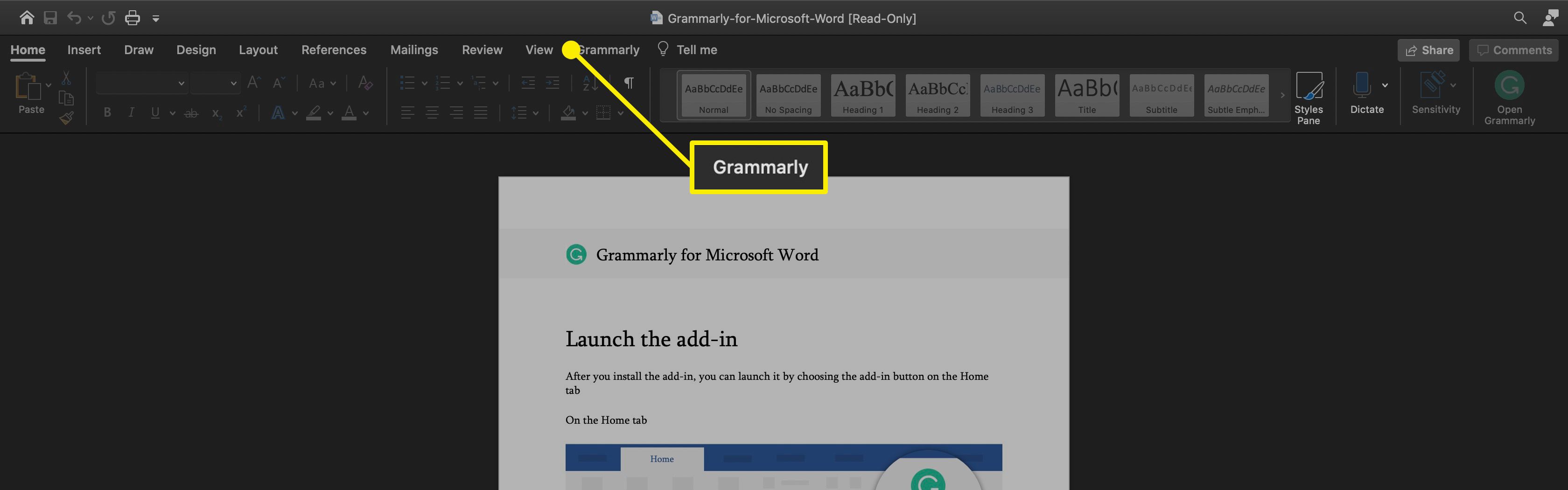 De optie Grammatica op het lint in Word voor Mac.
