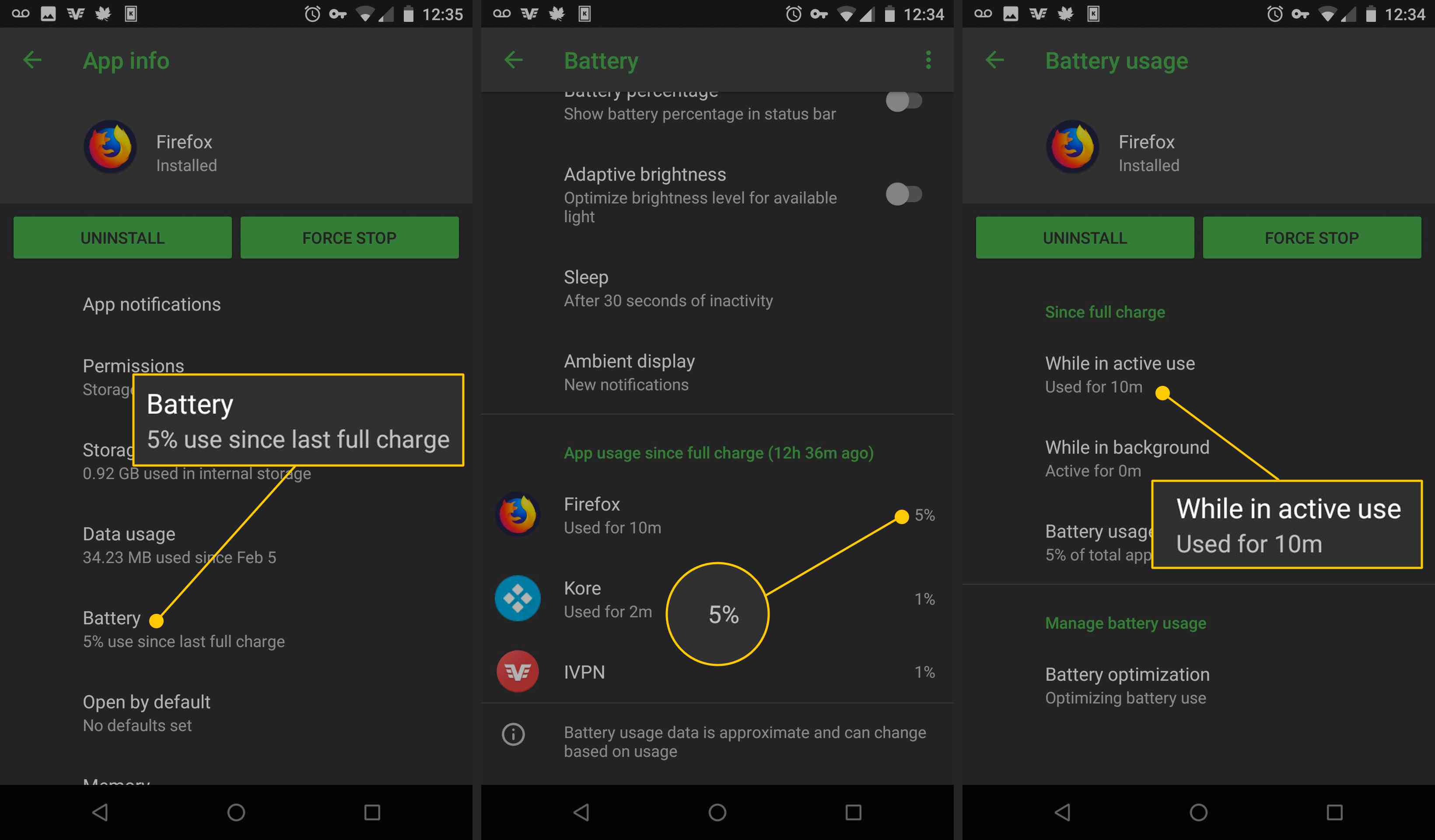 Batterij, Firefox-batterijgebruik, Tijdens actief gebruik op Android