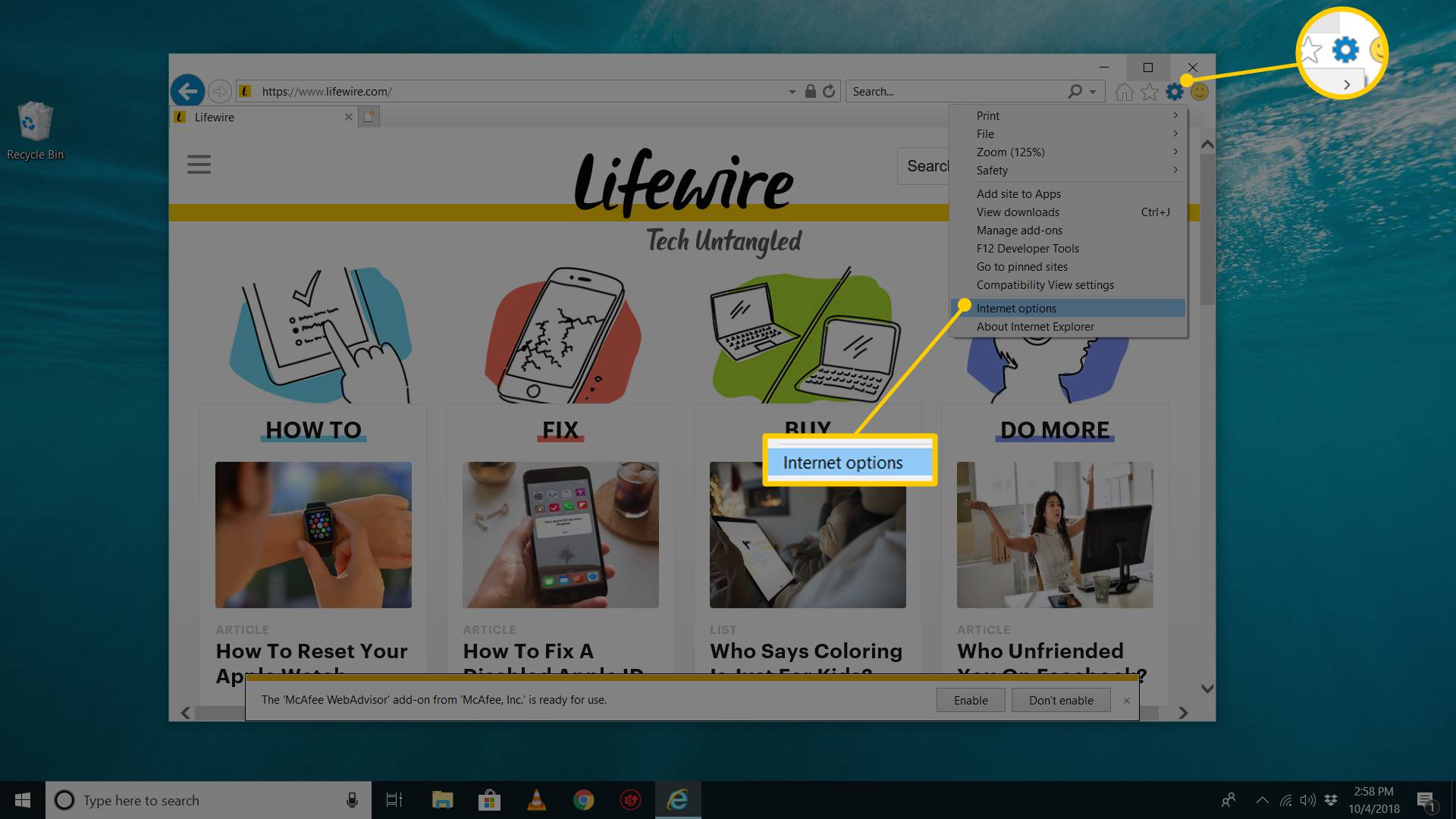 Knop Extra en menu-item Internetopties in Windows 10 Internet Explorer
