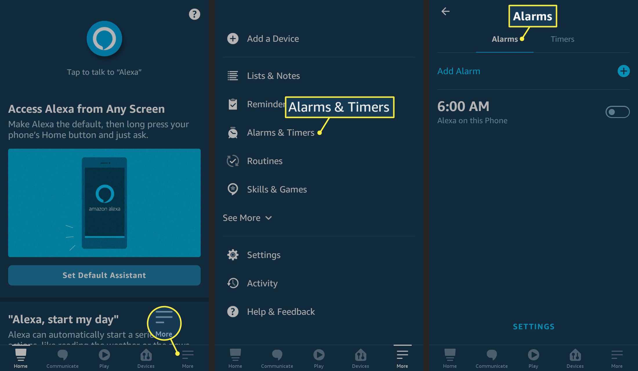 Tabblad Meer, Alarmen & Timers en Alarmen in de Alexa-app
