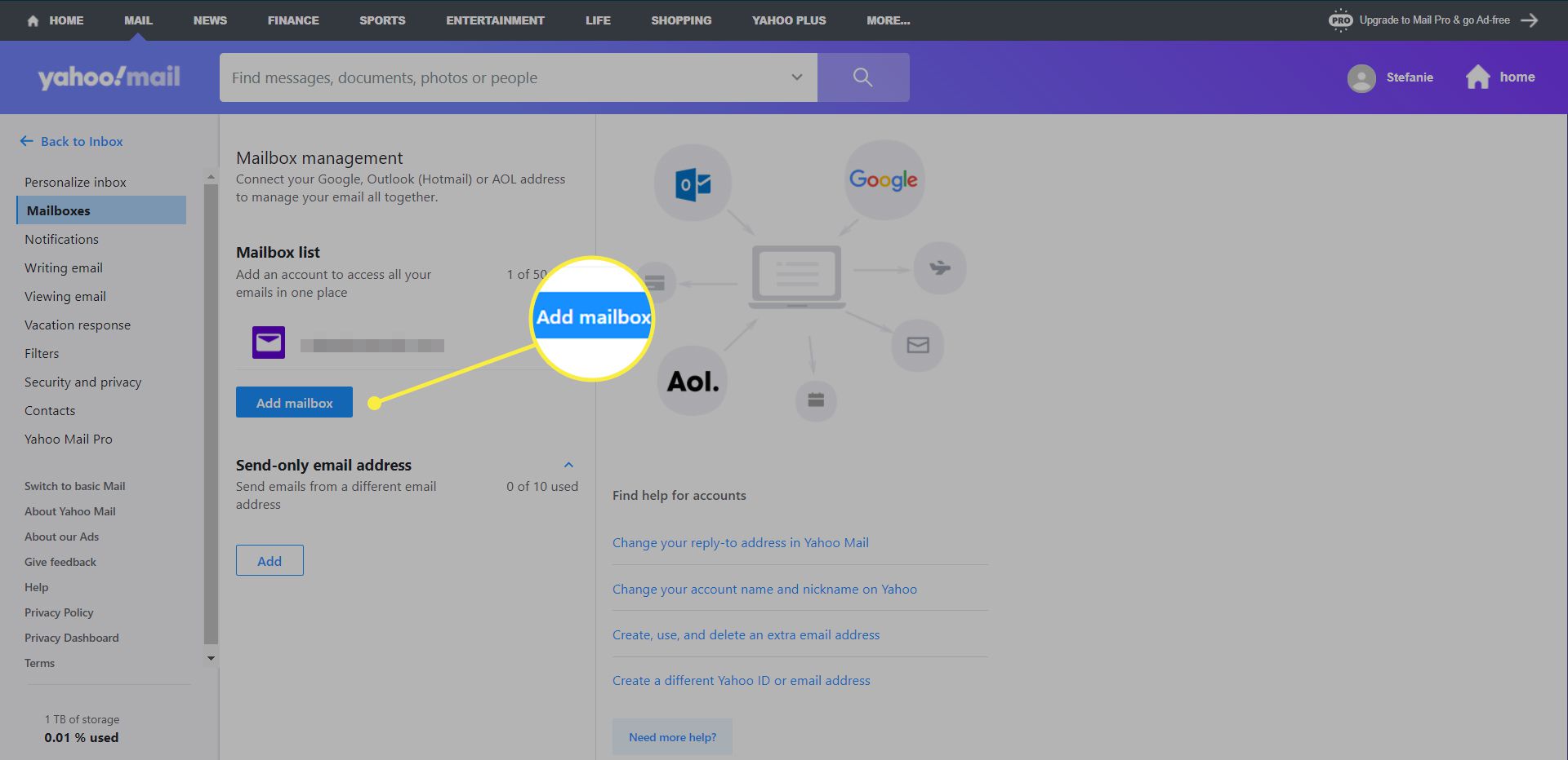 Yahoo Mail-instellingen met 'Mailbox toevoegen' gemarkeerd