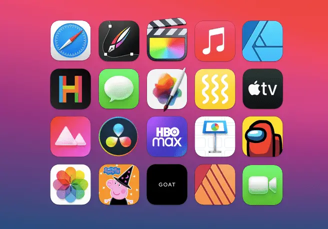 Een verzameling apps die beschikbaar zijn op macOS, waaronder HBO Max, Among Us en Apple TV