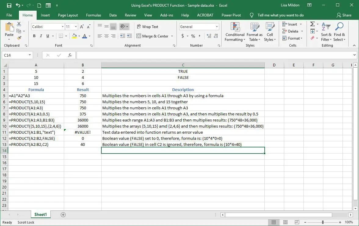 Voorbeeld PRODUCT Excel-tabel.