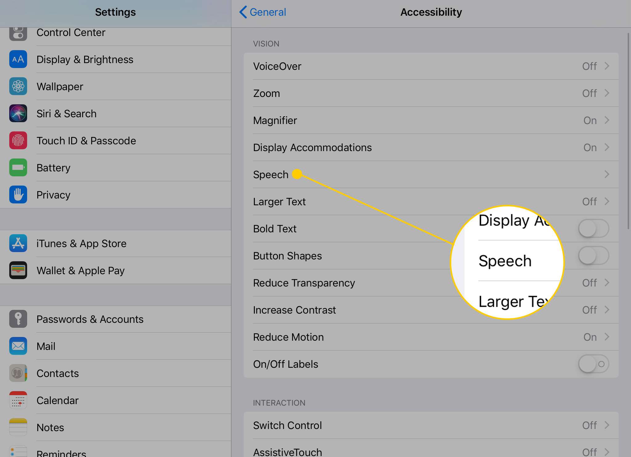 iPad Toegankelijkheidsopties met het item Spraak gemarkeerd