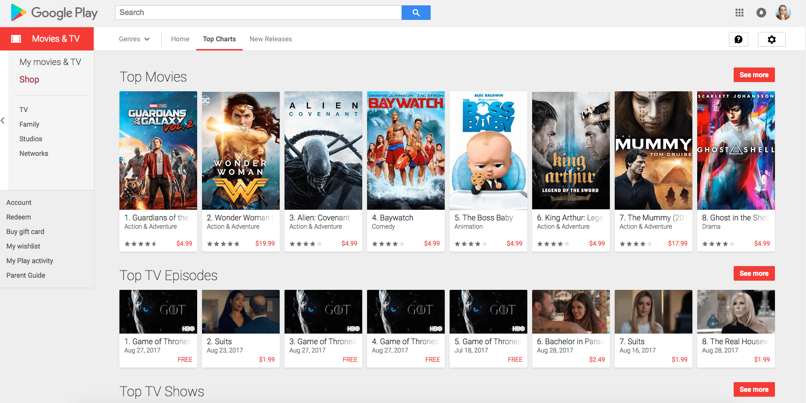 Hoofdinterface van Google Play voor films en tv