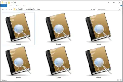 Screenshot van verschillende MOBI-bestanden in Windows 10