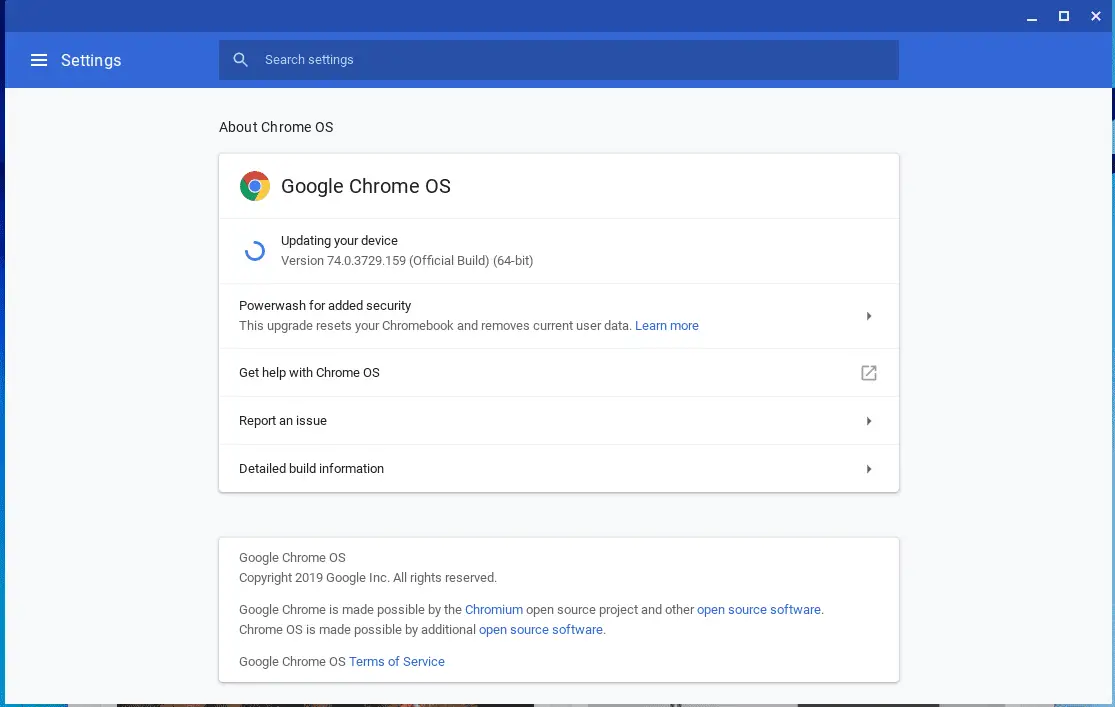 screenshot van Chrome OS-update