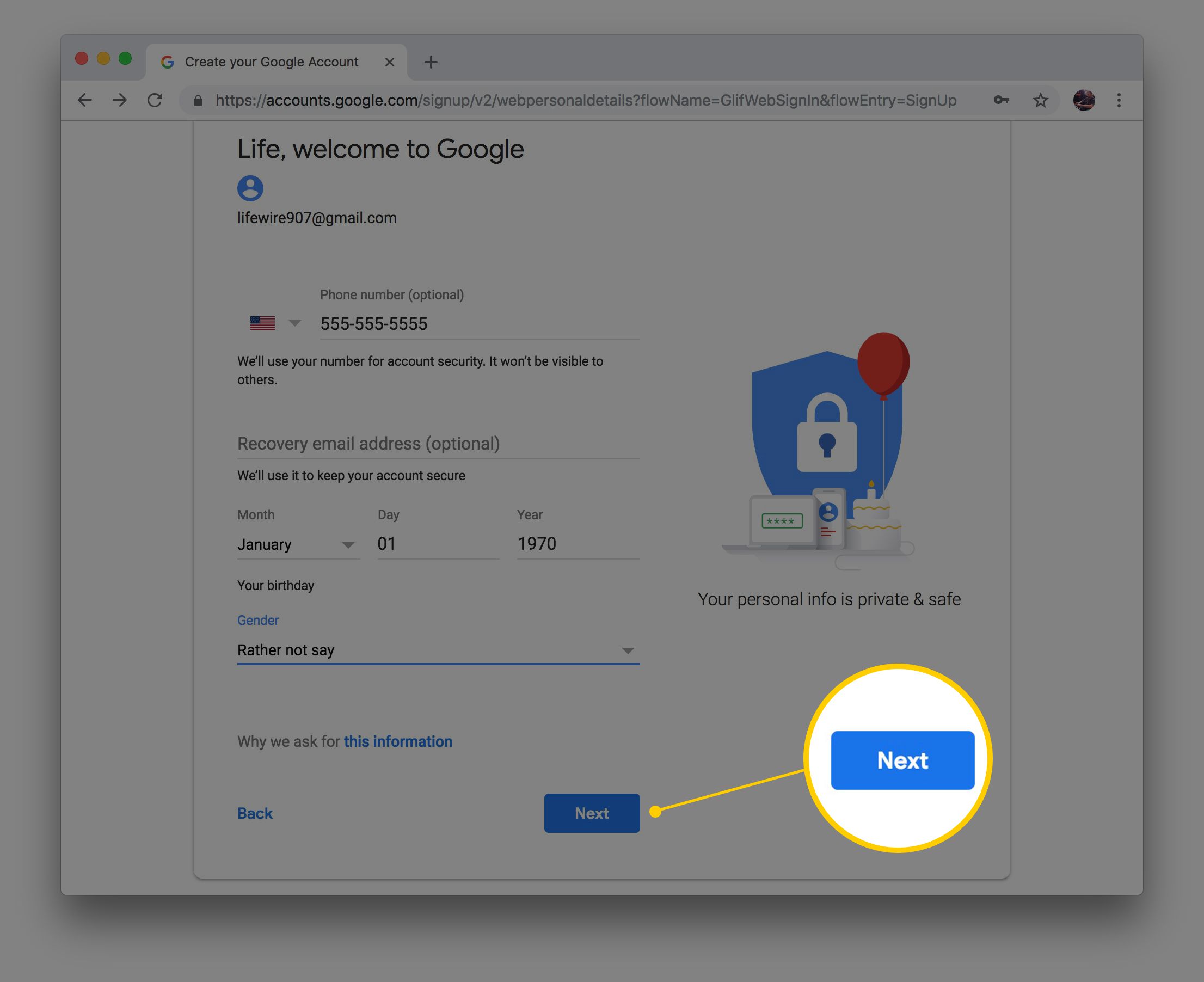 Telefoonnummer, herstel e-mailadres, geboortedatum en geslachtsscherm voor nieuw Gmail-account