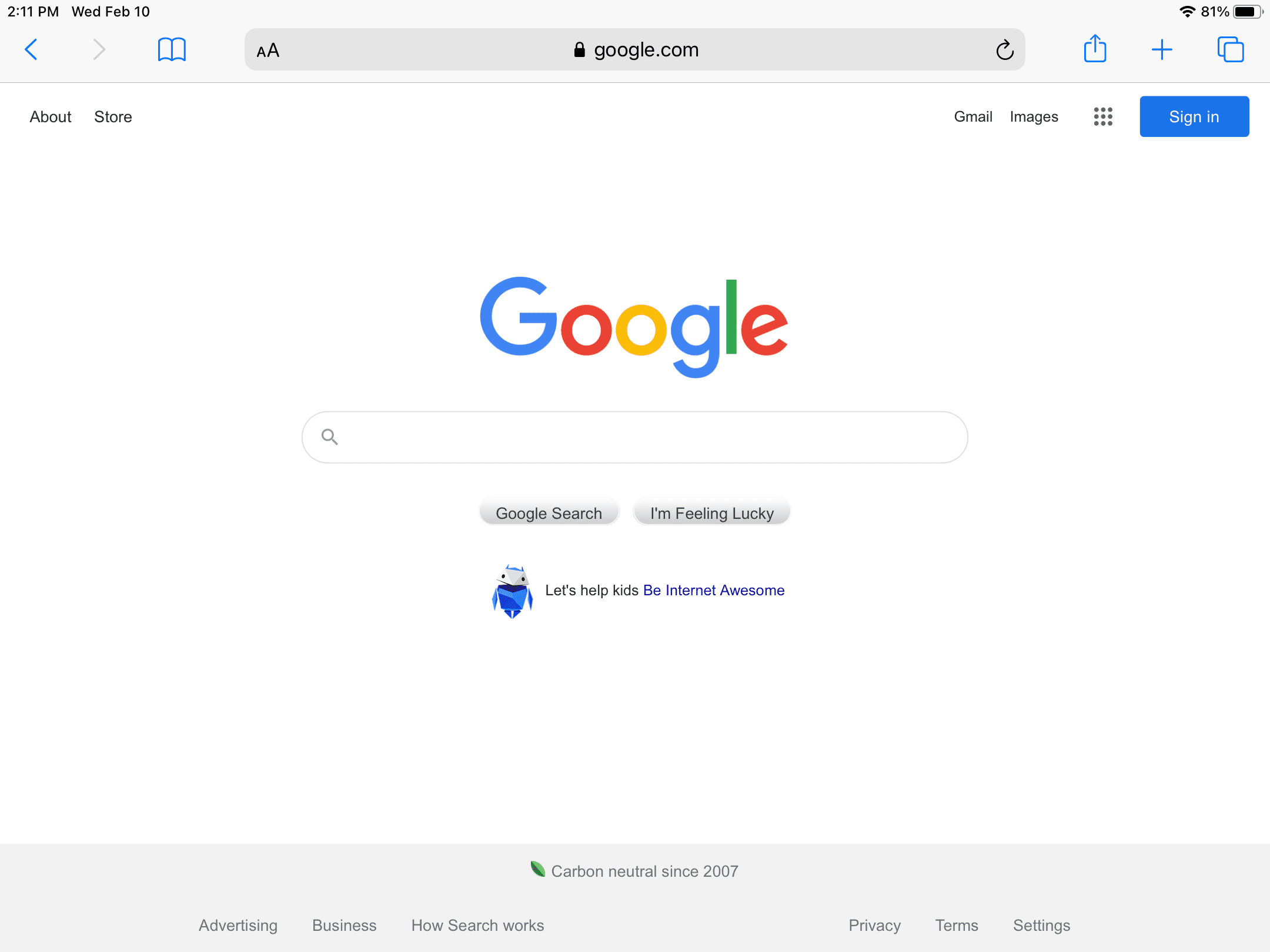De Safari-browser op een iPad waarop Google wordt weergegeven.
