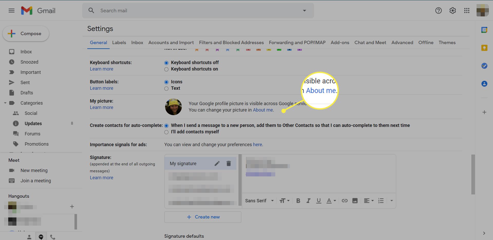 Algemene Gmail-instellingen met 'Over mij' gemarkeerd