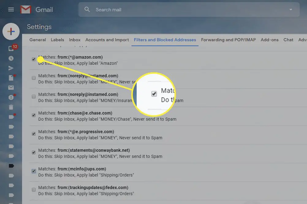 Een screenshot met Gmail-filters met het selectievak gemarkeerd