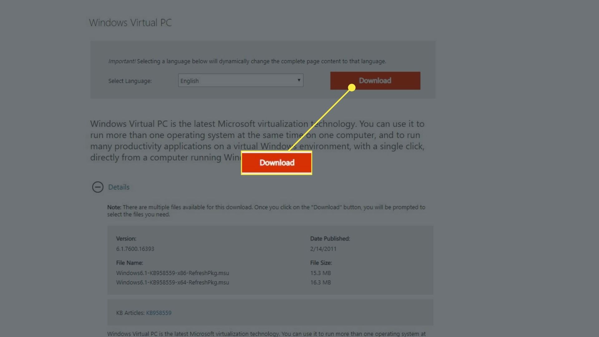 Downloadknop op de Windows Virtual PC-downloadpagina