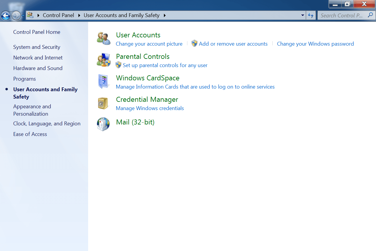 Windows 7 Gebruikersaccounts en Family Safety-scherm in het Configuratiescherm