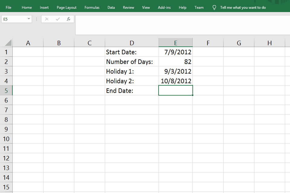 Excel cel E5 geselecteerd