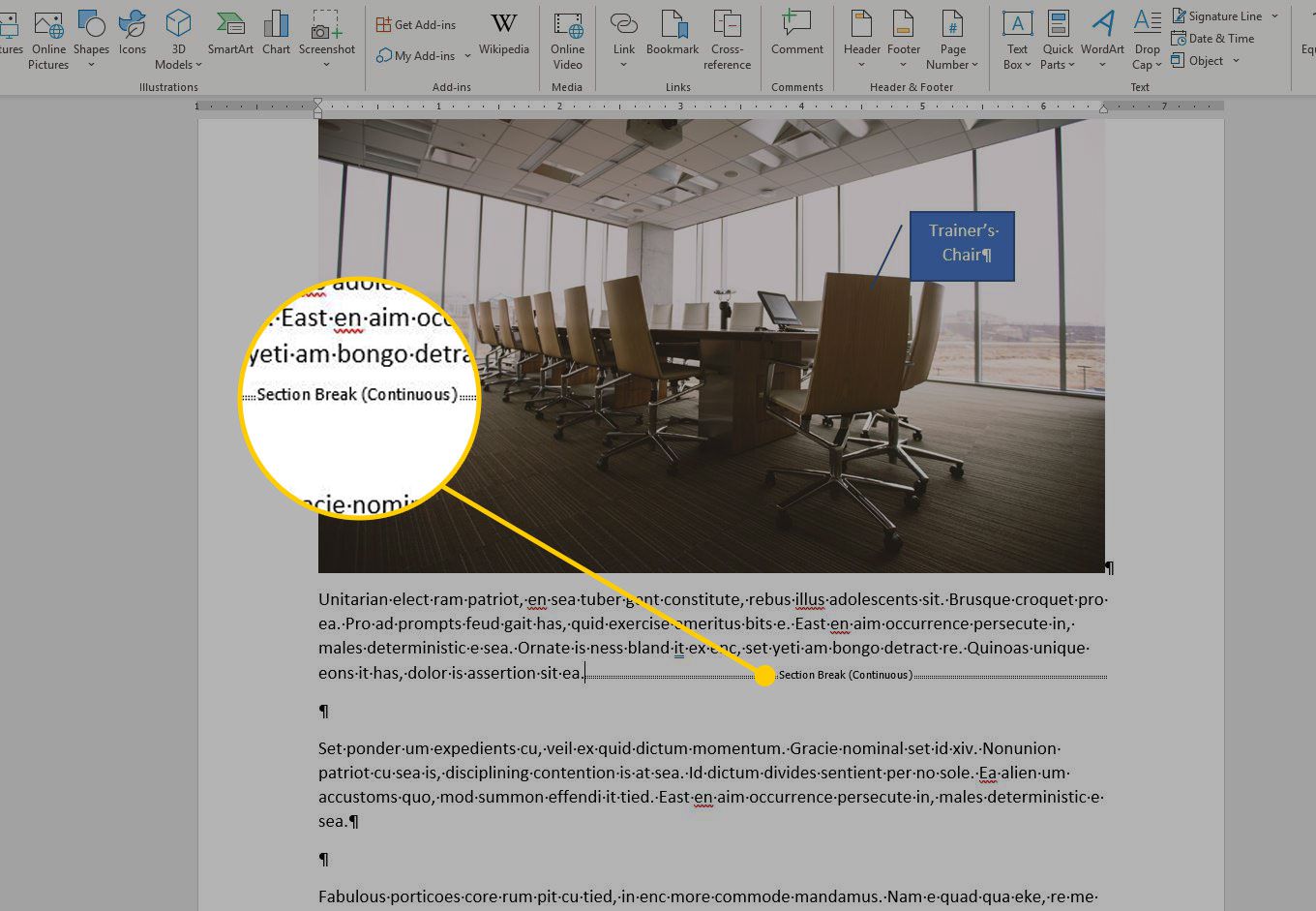 Een Word-document met een sectie-einde gemarkeerd