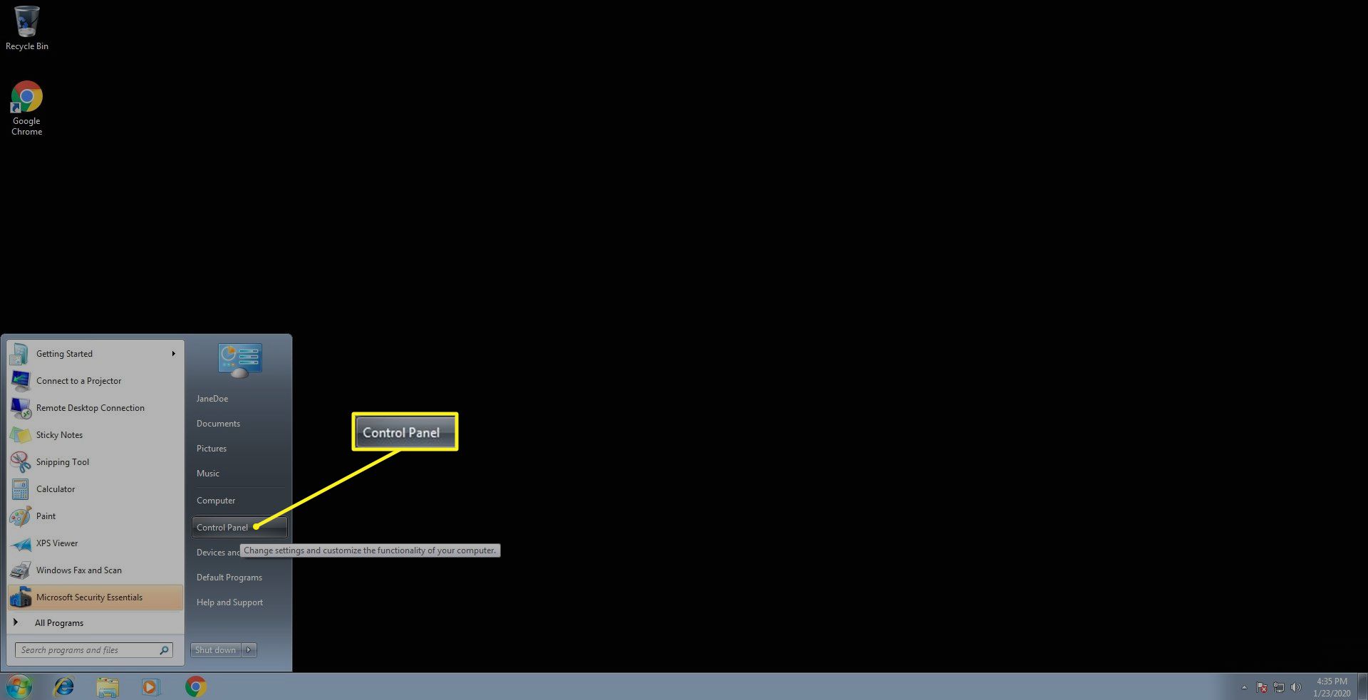 De locatie van het Configuratiescherm in Windows 7