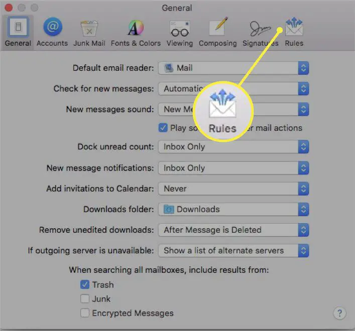 Het tabblad Regels selecteren in Apple Mail.