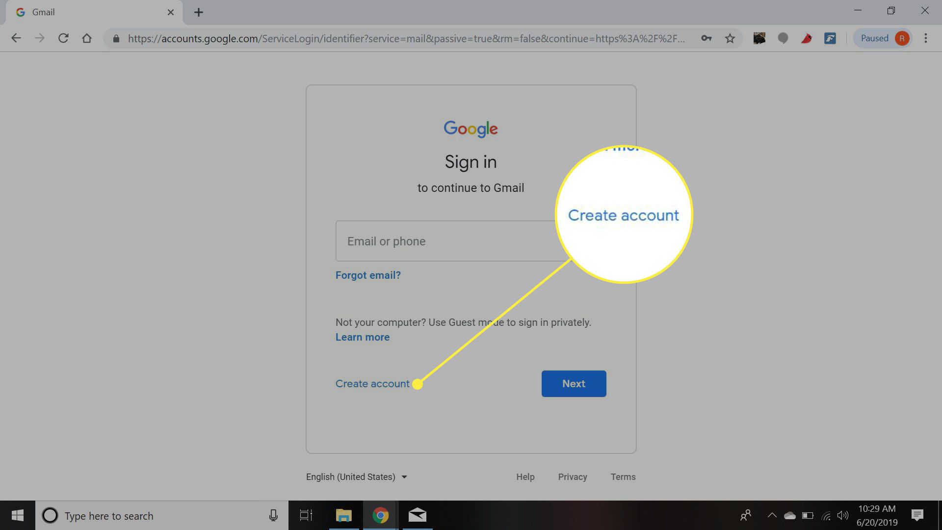 Een screenshot van Gmail met de link Account maken gemarkeerd