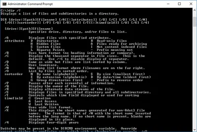 richting /?  opdracht in een opdrachtprompt van Windows 10