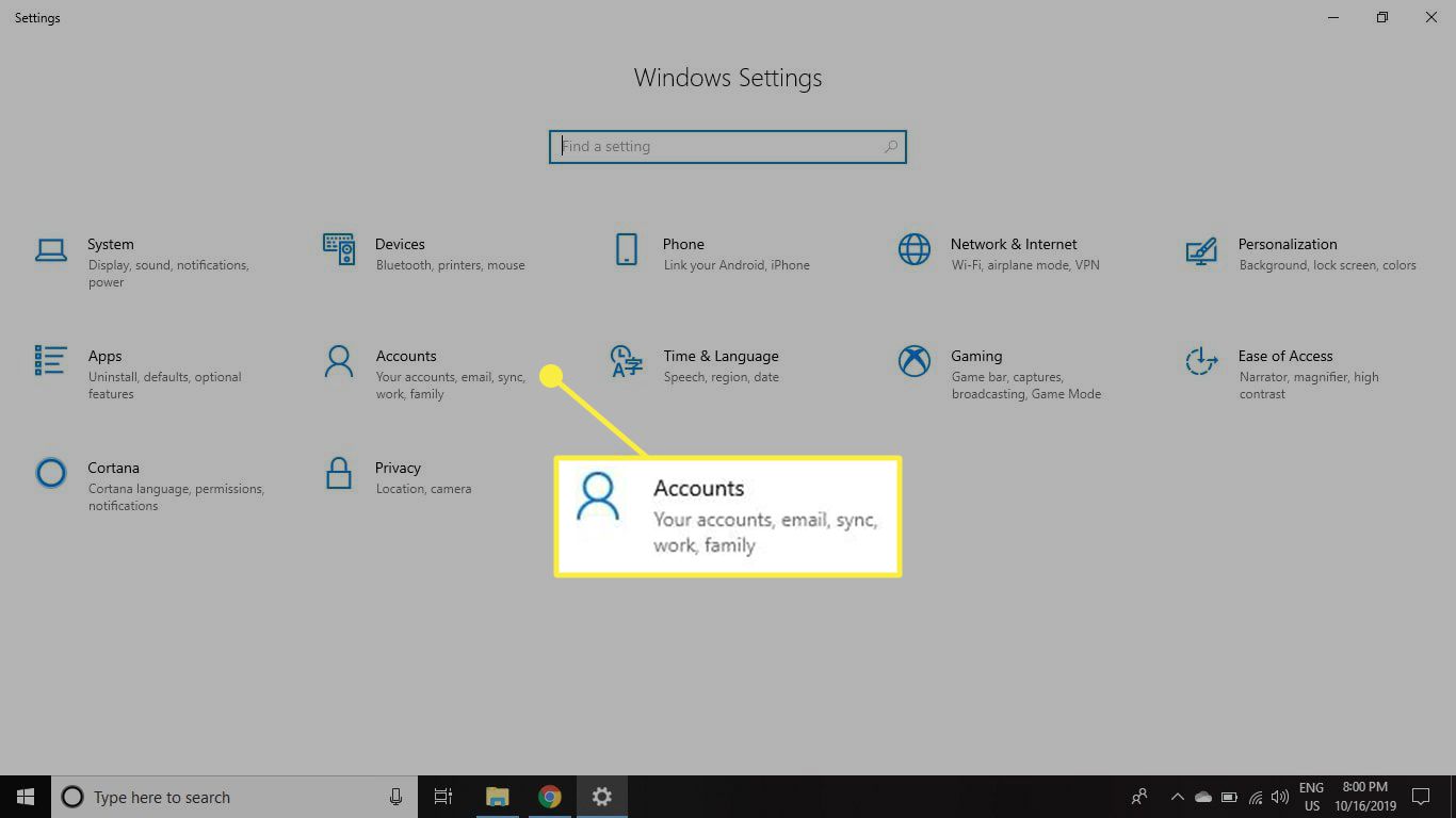De kop Accounts in Windows 10 Instellingen