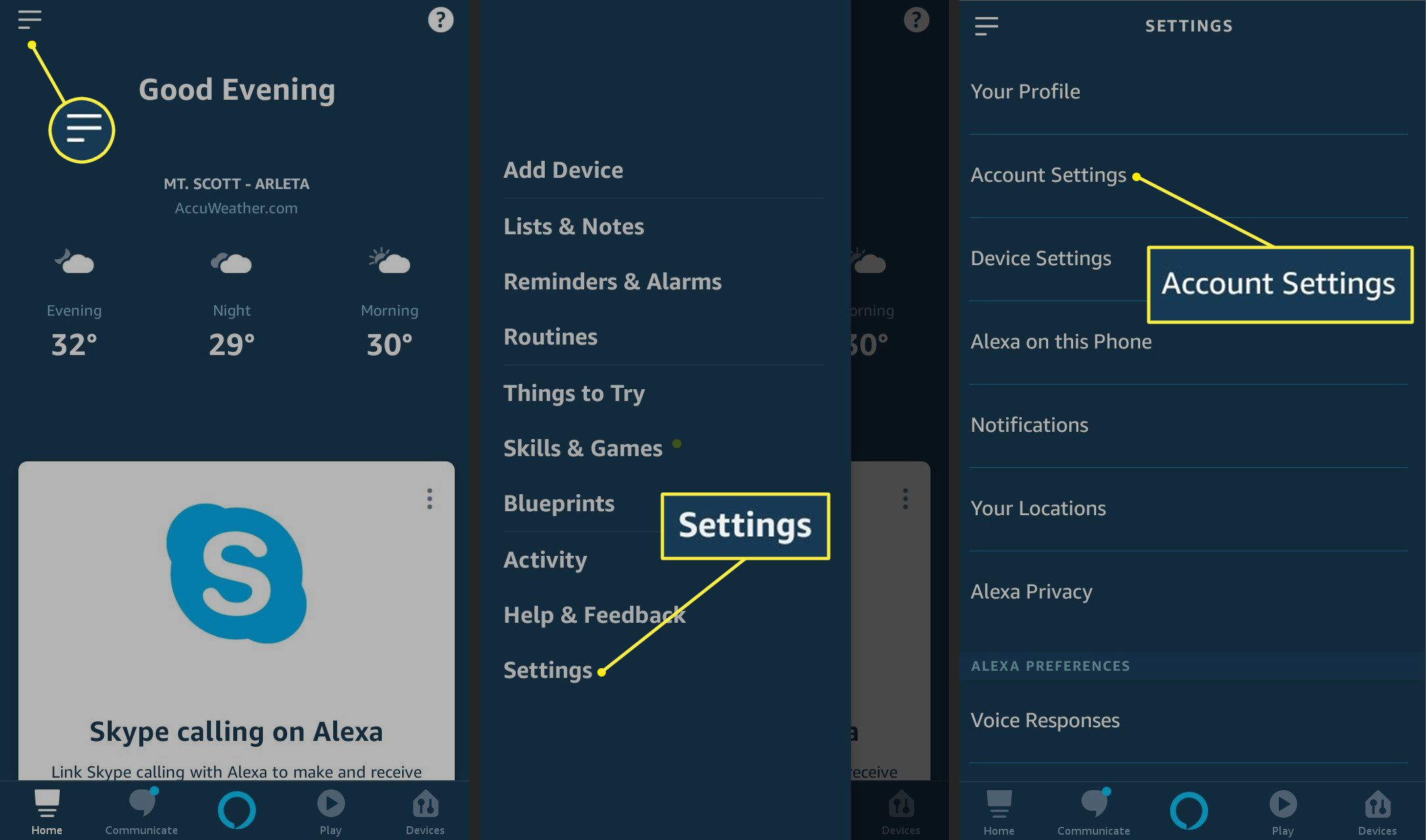 Alexa-app met pad naar accountinstellingen