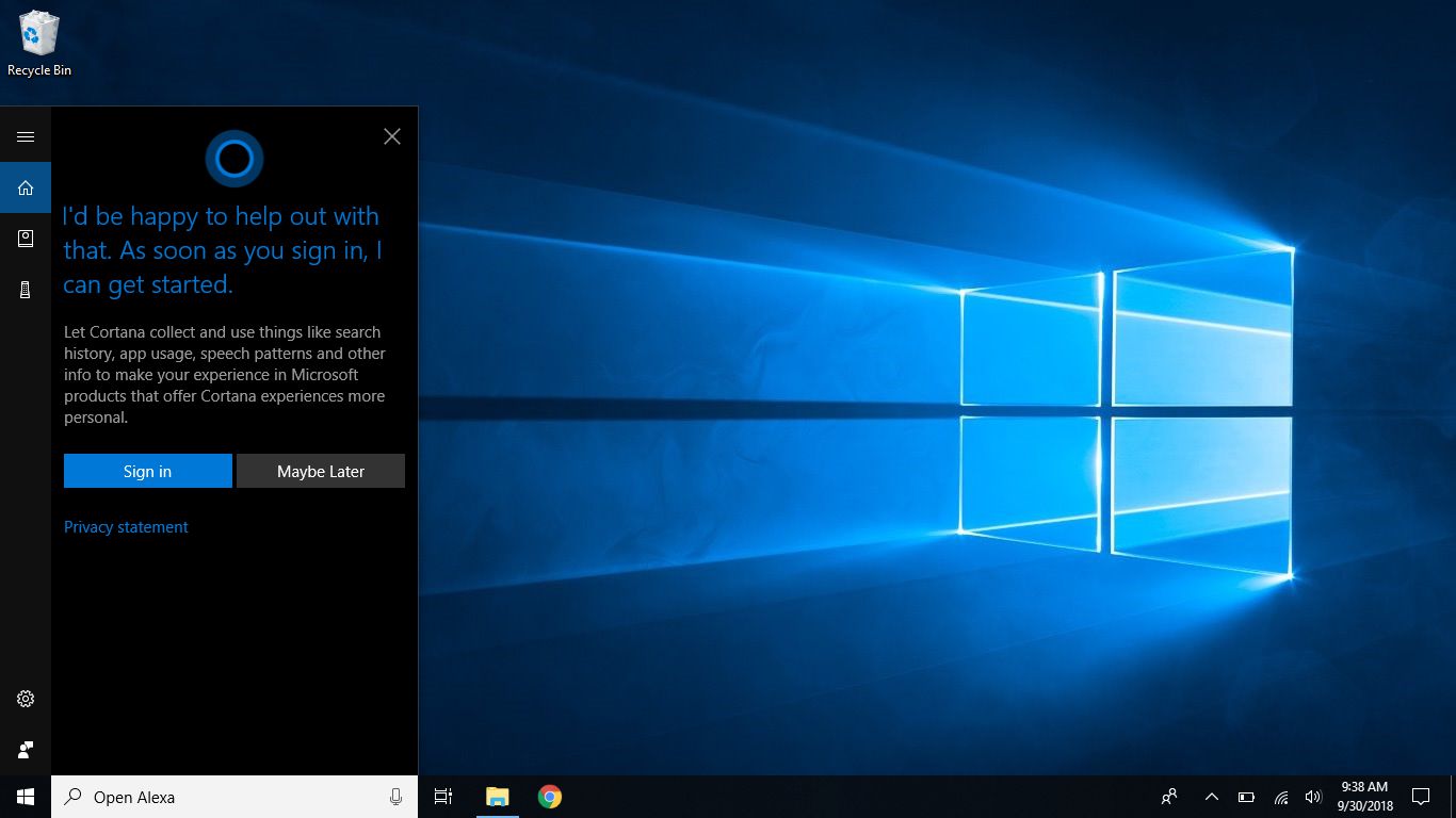 Windows-screenshot met het eerste Cortana-aanmeldingsscherm
