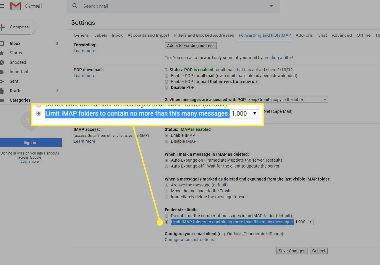 Een screenshot van Gmail-instellingen met de opdracht IMAP-mappen beperken gemarkeerd
